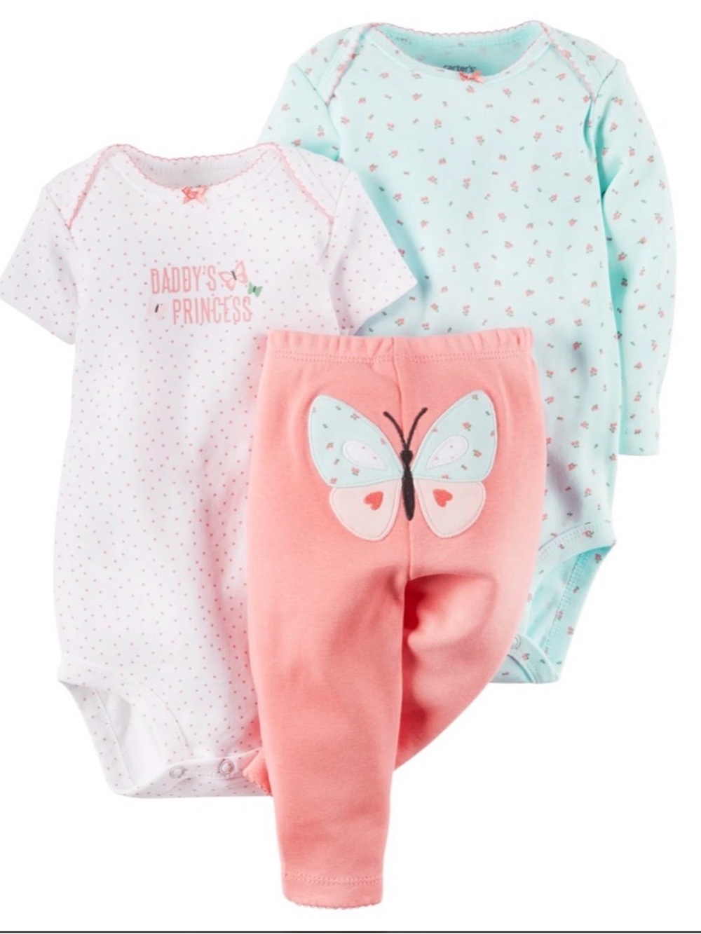 Carter's Baby Girls Pink Coral and Mint 3-Piece Butterfly Bodysuit & Pants Set
